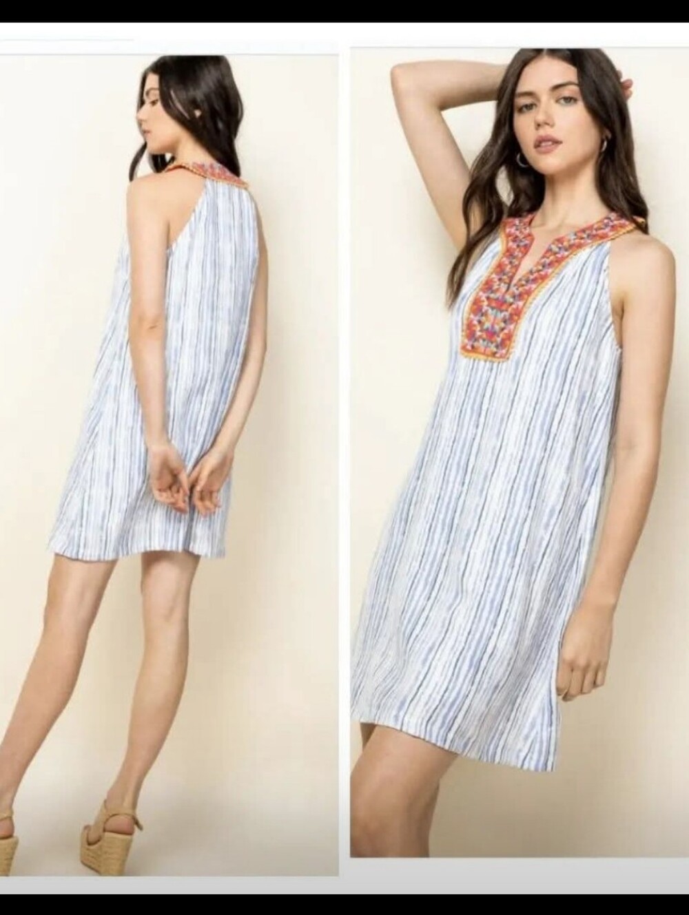 THML‎  Embroidered Halter Dress Sleeveless White Blue SzM Summer Vacation